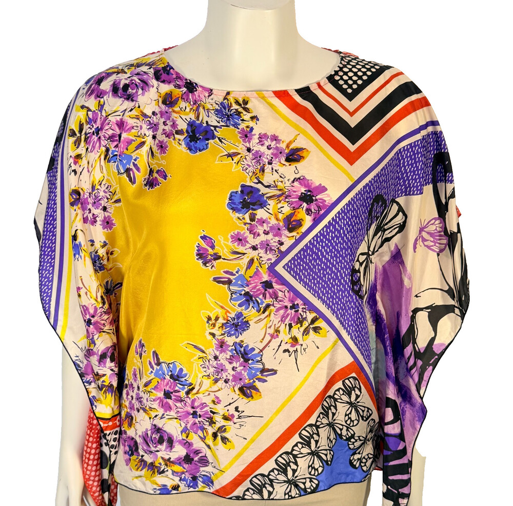 CAbi Blouse Womens M Yellow Floral Front Red Dot Back Silk Scarf Poncho Blouse